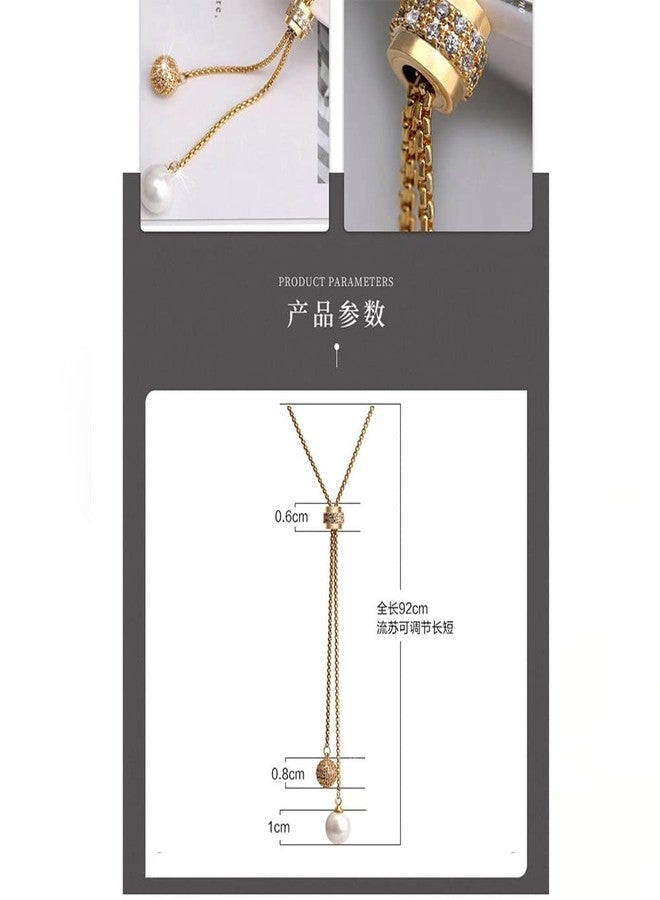 eartif Pearl Pendant Long Necklace for Women Sweater Chain Statement Necklace Choker Adjustable Elegant Jewelry Crystal Accessories Dressy Collocation Winter Evening Party Wedding (Gold, Adjustable) - Image 4